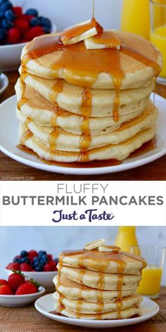 a stack of pancakes covered in butter and syrup with berries on the plate next to it