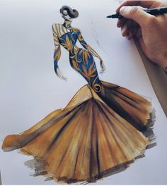 a drawing of a woman in a blue and yellow dress