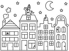 a black and white drawing of buildings with stars on the top, moon in the sky