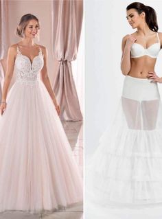 two different styles of wedding gowns, one in white and the other in pink