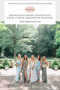 four bridesmaids pose for a photo in front of trees and bushes with text overlay that reads, pennsylvania wedding photographer