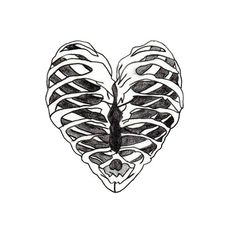 a black and white drawing of a heart shaped skeleton with ribs on it's side