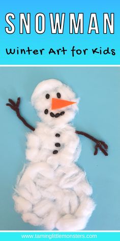 a snowman made out of yarn with text overlay that says winter art for kids