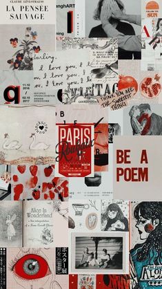 collage of various images with words and pictures on them, including an image of a woman's face