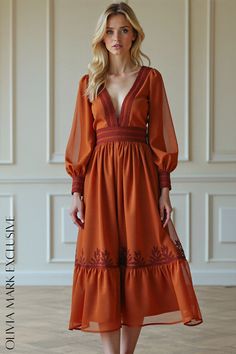 Olivia Mark - Elegant Rust Orange Midi Dress with Floral Lace and Deep V-Neckline Rust Orange Dress, Orange Midi Dress, Embroidered Leaves, Modern Romance, Rust Orange, Lace Midi, Orange Dress, Full Skirt, Olivia Mark