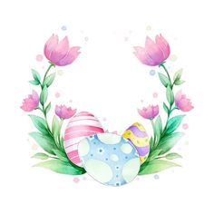 a watercolor painting of an easter egg and pink tulips on a white background