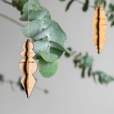 wooden ornaments hanging from a tree branch with green leaves in the foreground and grey background