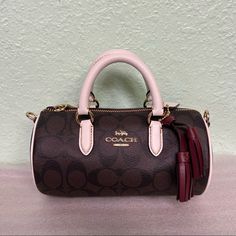 Signature Coated Canvas And Smooth Leather Zip-Top Closure, Fabric Lining Handles With 2 1/2" Drop Detachable Strap With 23 1/4" Drop For Shoulder Or Crossbody Wear 7 1/2" (L) X 4" (H) X 4" (W) Style No. Cb874 Coach Small Bags, My Style Bags, Purse Coach, Girly Bags, Bags Coach, Fancy Bags, Black Leather Crossbody Bag, Girly Accessories, Pretty Bags