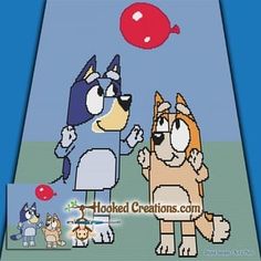 an image of two cartoon dogs playing with a balloon in the sky on a blue background