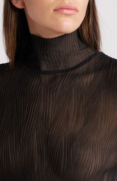 Fine pleats sculpt textural pattern into this sheer top that's an alluring underpining to your smartly tailored look. Mock neck Long sleeves Sheer 94% recycled polyester, 6% elastane Machine wash, line dry Made in Portugal Elegant Turtleneck Blouse For Work, Elegant High Neck Top For Party, Elegant Turtleneck Top With Sheer Sleeves, Elegant Long Sleeve Textured Tops, Formal High Neck Fitted Blouse, Elegant Stretch Mock Neck Top For Night Out, Elegant Black Mock Neck Top For Spring, Elegant Sheer Tops For Workwear, Elegant Fitted Mock Neck Top