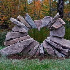 a heart made out of rocks in the middle of some grass with trees in the background