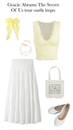 a woman's white outfit and accessories with the words grace adams the secret of us tour