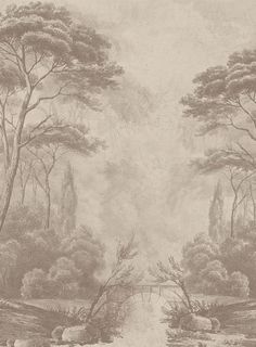 an old painting with trees and water in the background