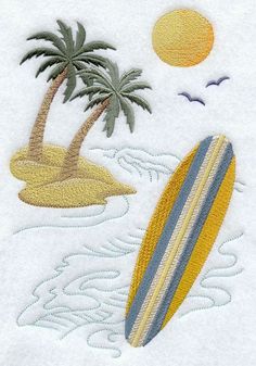 a towel with a surfboard and palm trees on it