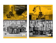 three different ads with construction trucks and machinery in the middle one is black and white