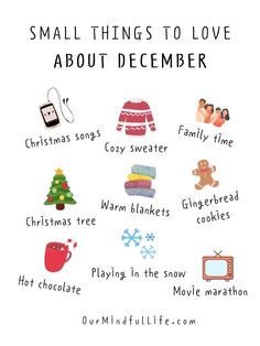 a white poster with words describing things to love about december and other holiday related items