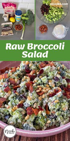 broccoli salad in a bowl with the words raw broccoli salad above it