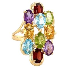 14K solid gold colorful gemstone cluster ring. This stunning ring hosts a pair of Topaz, Peridot, Garnet, Amethyst, and Citrine gemstones. Each pair of gemstones is parallel to each other and oval brilliant cut. ✔ Gold Karat: 14K ✔ Topaz: Blue ✔ Garnet: Red ✔ Amethyst: Purple ✔ Citrine: Orange/Yellow ✔ Peridot: Green ✔ Ring Weight: 3.9 grams ✔ Ring Size: 6.25 (U.S. Size) Luxury Multicolor Multi-stone Amethyst Ring, Red Amethyst, Amethyst And Citrine, Green Ring, Garnet Red, Rainbow Rings, Green Rings, Peridot Green, Dope Jewelry