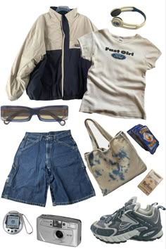 Jorts Styled Girl, Clothes For Spain Trip, How To Style Jorts Y2k, Tomboy Fits Shorts, Outfits For Thrifting, Mac Demarco Outfit Ideas, Thrifted Fits Aesthetic, Jorts Outfit Idea Y2k, Jorts Y2k Fashion