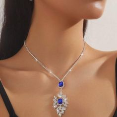 Blue Teardrop Pendant Jewelry For Party, Blue Crystal Drop Necklaces, Blue Drop Necklaces For Party, Blue Crystal Drop Necklace, Ladies Dress, Crystal Stud Earrings, Rhinestone Jewelry, Stud Earrings Set, Fit N Flare Dress