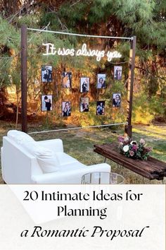 a white couch sitting in front of a wooden table with pictures on it and the words, 20 intimate ideas for planning a romantic prop