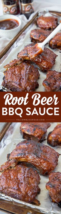 root beer bbq sauce on top of barbecue ribs in tin foil with text overlay