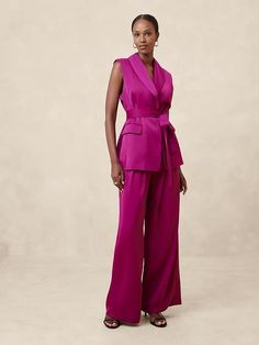 Silky Tie-Waist Vest | Banana Republic Factory Womens Floral Suit, Black Tie Optional Attire, Womens Dressy Pants, Olivia Pope Wardrobe, Summer Cocktail Attire, Dressy Pant Suits, Waist Vest, Silky Pants, Ss 2024