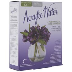 the package for acrylic water is shown with purple flowers in a glass vase