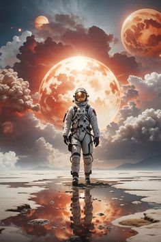 an astronaut standing in front of the moon with his hands on his hips looking at the ground