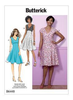 a woman wearing a dress and sandals in front of a wall with the words butterick on