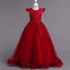 The elegant A-line Round Floor Length Lace Flower Girl Dress is the perfect choice for special occasions. The red lace and tulle fabric create a stunning silhouette, while the cap sleeves and round neckline add a touch of sophistication. Complete with a back zip and bow/tie back, this dress is perfect for weddings, baptisms, holidays, and more. Red Flower Girl, Easter Costume, Full Tulle Skirt, Girls Long Dresses, Kids Party Dresses, Princess Skirt, Lace Flower Girls, Tulle Flower Girl, Wedding Flower Girl Dresses