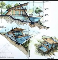 an architectural drawing of a house on top of a hill