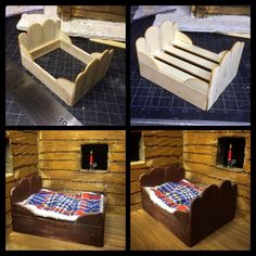 four different pictures of a bed made out of wooden planks and wood slats