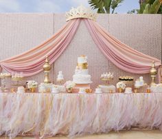 a table topped with lots of cakes and desserts