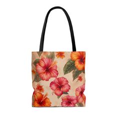 This beautiful tote bag is the perfect way to add a touch of the tropics to your wardrobe. The vibrant pink and orange hibiscus flowers print is sure to turn heads, and the spacious interior is perfect for carrying all your essentials. Whether you're using it for a day at the beach, a weekend getaway, or just running errands around town, this bag is sure to be a stylish and practical addition to your collection. This practical, high-quality Tote Bag is available in three sizes. All over print pr Tropical Multicolor Bags For Daily Use, Tropical Style Shopping Bags For Summer, Tropical Multicolor Tote Shoulder Bag, Summer Travel Bags With Floral Print, Tropical Style Multicolor Tote Shoulder Bag, Tropical Rectangular Bag For Beach Season, Tropical Multicolor Tote Bag, Multicolor Floral Print Beach Bag For Travel, Summer Floral Print Travel Bags