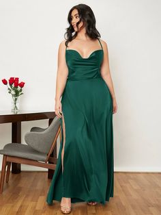 SHEIN Belle Plus Draped Lace Up Backless Satin Formal Dress | SHEIN USA Teal Bridesmaid Dresses, Satin Formal Dress, Formal Bridesmaids Dresses, Colorful Dresses Formal, Classy Prom Dresses, Emerald Green Dresses, Business Formal Dress, Formal Dresses Gowns, Professional Dresses