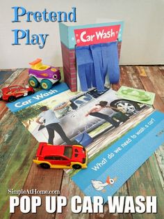 the pretend play pop up car wash game is shown with its contents and instructions to make it