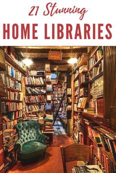 a room filled with lots of books next to a green chair and book shelf full of books