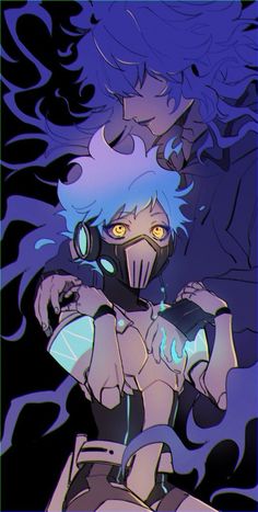 an anime character with blue hair wearing a gas mask and holding his hands on his hips