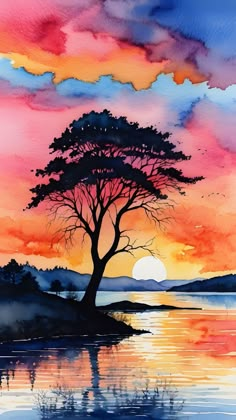 a watercolor painting of a tree and sunset over the ocean with clouds in the sky