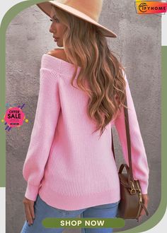 Pink Off The Shoulder Ribbed Knitted Sweater Leopard Satin Dress, Cute Sweaters For Fall, Solid Color Sweater, Off The Shoulder Sweater, Color Sweater, Off Shoulder Sweater, Chambray Dress, Maxi Dress Evening, Mini Shift Dress