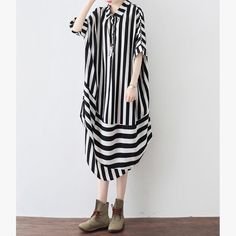 Simple black striped top silhouette Organic pattern lapel Batwing Sleeve Vestidos De Lino shirt dress - Omychic Long Linen Dresses, Women Work Outfits, Winter Puffer Vest, Chiffon Shift Dress, Silk Dressing Gown, Sundress Casual, Collared Shirt Dress, White Cotton Dress, Organic Pattern