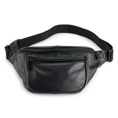 a black leather fanny bag on a white background