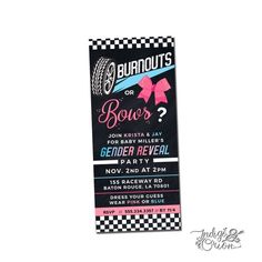 a black and white checkered ticket with pink bows on the front for a girls'birthday party