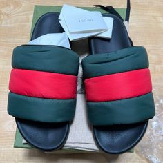 100% Authentic Uk 12= Us 12.5 New Designer Gucci Slides With Rubber Sole, Designer Slides With Rubber Sole And Round Toe, Designer Slides With Round Toe And Rubber Sole, Casual Leather Gucci Slides, Red Gucci Slides With Branded Insole, Gucci Red Round Toe Sandals, Gucci Casual Slip-on Slides, Luxury Red Gucci Slides, Casual Gucci Slip-on Slides