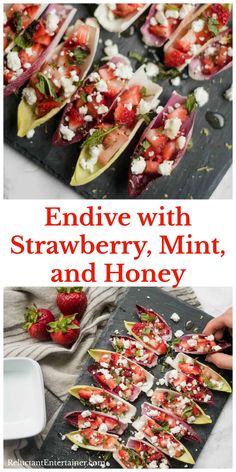 strawberry mint and honey salad with strawberries on the side is shown in this image