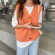 Women Sweater Vest, Vest Outfits For Women, Diy Fashion Clothing, Vest Women, Vintage Vest, Orange Sweaters, Sweater Vest Women, Simple Fashion