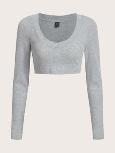 Light Grey Casual Collar Long Sleeve Knitted Fabric Plain  Embellished Slight Stretch  Women Clothing Long Sleeve Shirt Outfits, Slim Fit Crop Top, Grey Long Sleeve Shirt, Women T Shirts, Cute Everyday Outfits, Knit Crop, Grey Long Sleeve, Crop Tee, Long Sleeve Knit