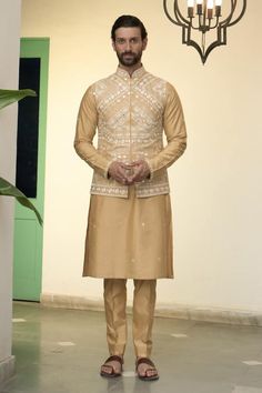 Mustard bundi featuring thread embroidered floral geometric patterns with mirrorwork embellishments. Comes with matching kurta and pyjama pant. - Aza Fashions Kurta Set For Men, Floral Geometric, Pajama Pant, Kurta Set, Embroidered Silk, Geometric Patterns, Cotton Silk, Aza Fashion, Mustard