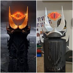 two different pictures one has a black trash can and the other is an orange fire hydrant